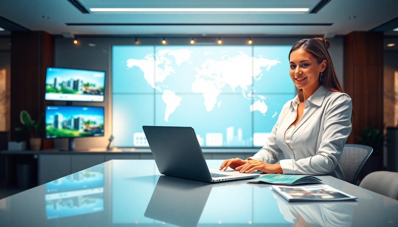Showcasing real estate international property listings in a modern office setting.