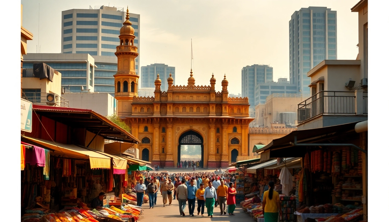 Illustration highlighting the vibrant hyderabad population with the Charminar and bustling market.