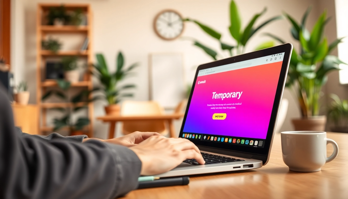 Utilize a temporary email service on a laptop in a cozy office setting.