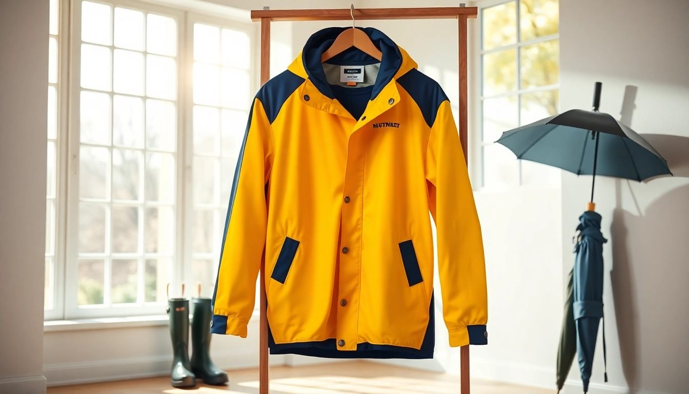 Model displaying a vibrant raincoat on a coat rack, surrounded by props illustrating radiant style.